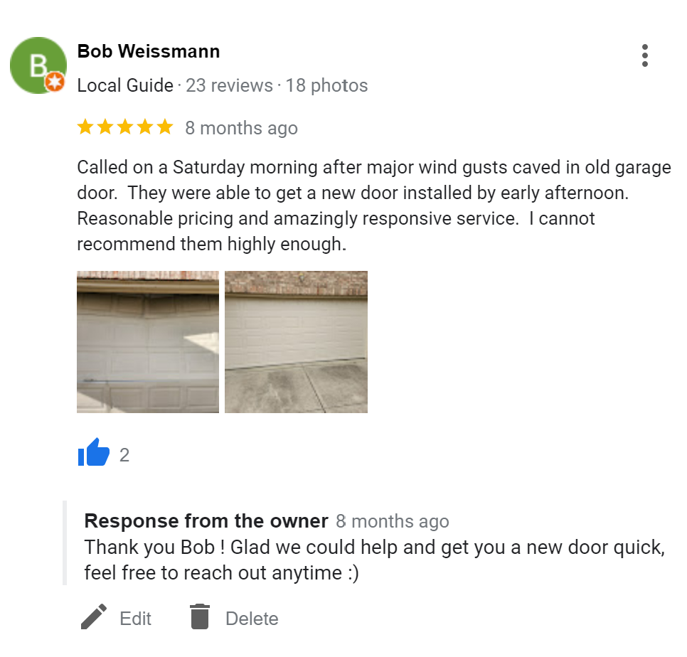 Called on a Saturday morning after major wind gusts caved in old garage door. They were able to get a new door installed by early afternoon. Reasonable pricing and amazingly responsive service. I cannot recommend them highly enough.