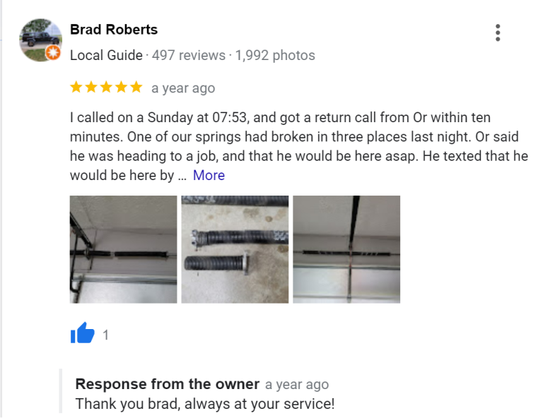 5-star Google review from Brad Roberts for Garage Door Indianapolis