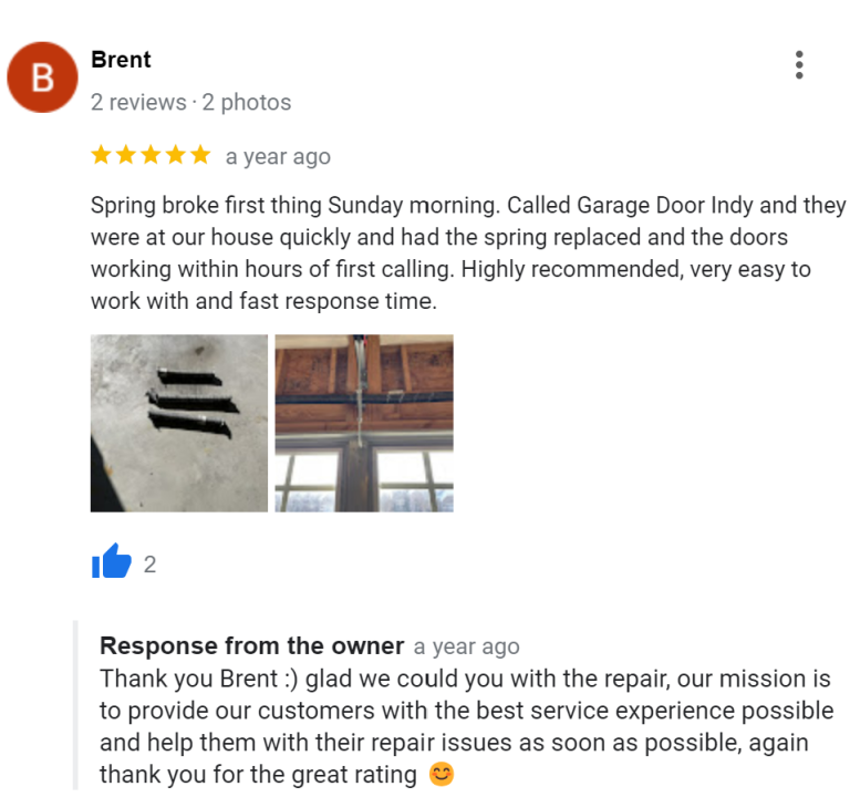 5-star Google review from a happy customer for Garage Door Indianapolis