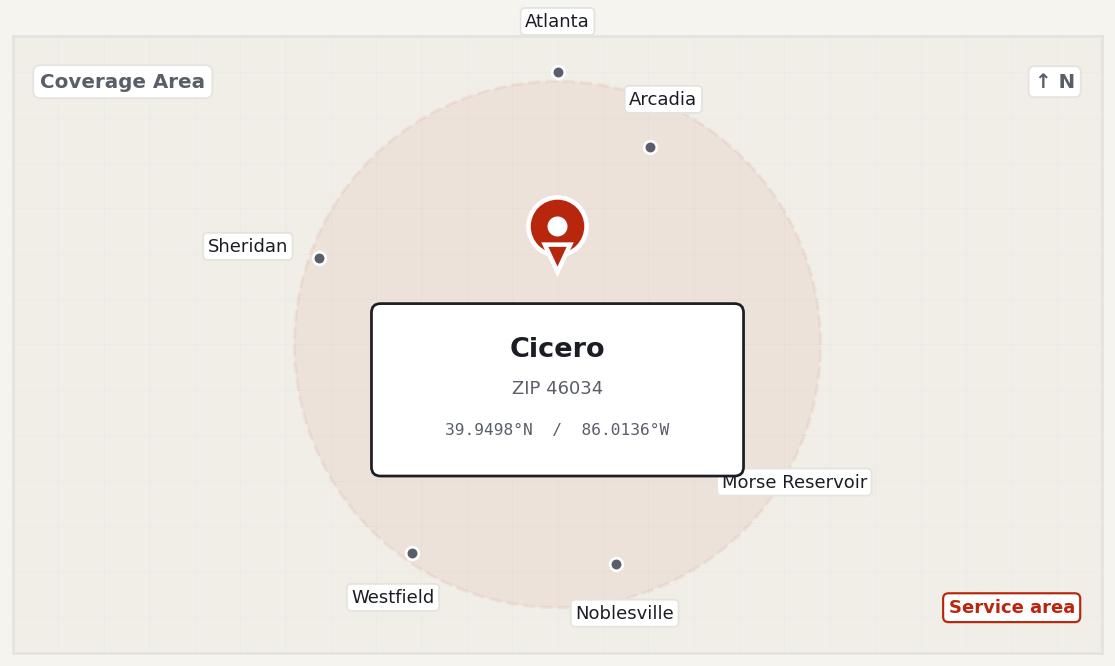 Garage door service coverage map for Cicero, Indiana