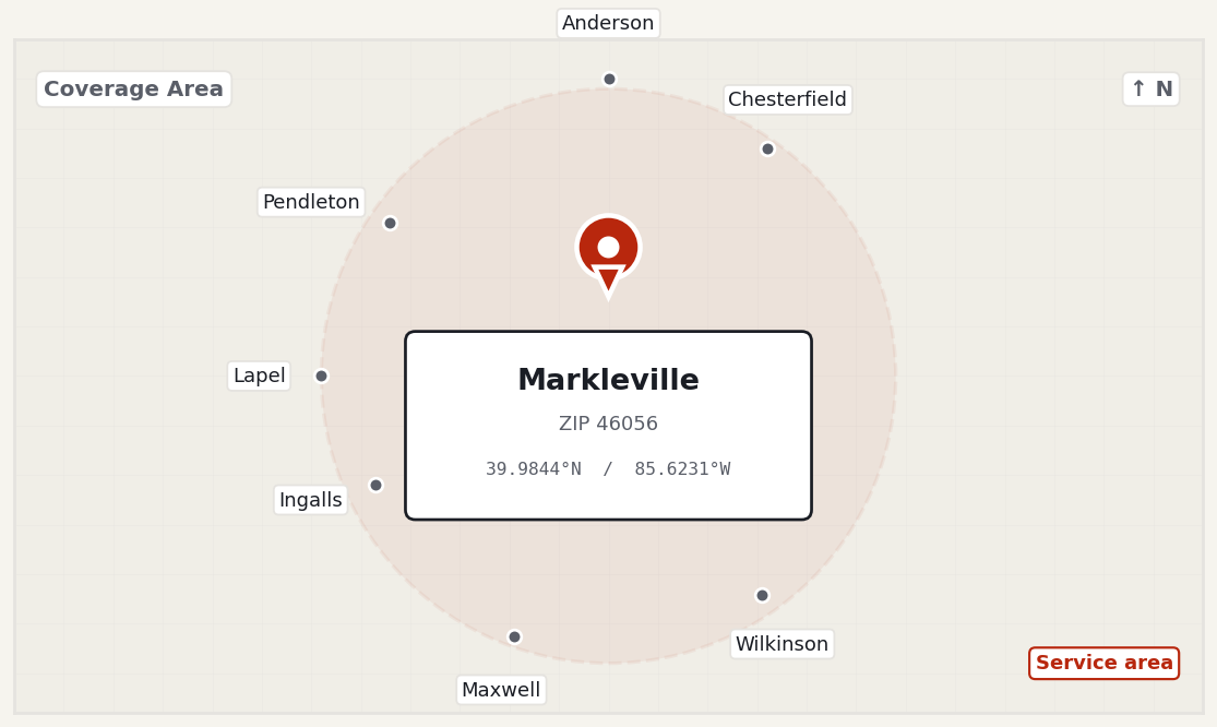 Garage door service coverage map for Markleville, Indiana